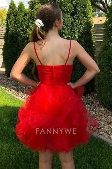 FannyWe Simple Princess Red A-line Ruffles Short Homecoming Dress formal wear dresses